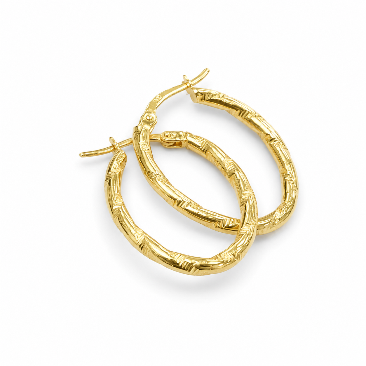 18K Gold Textured Oval Hoop Earrings