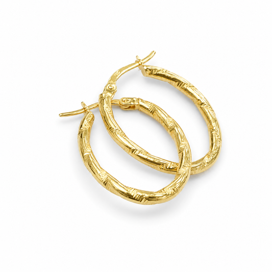 18K Gold Textured Oval Hoop Earrings
