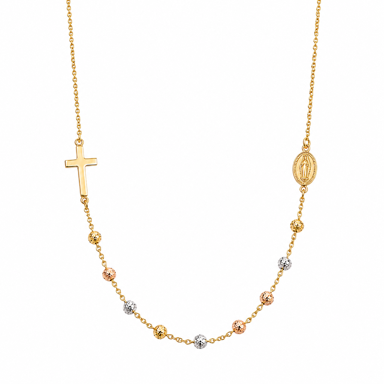 Collar Rosario en Oro 18K con Medalla Milagrosa y Cruz