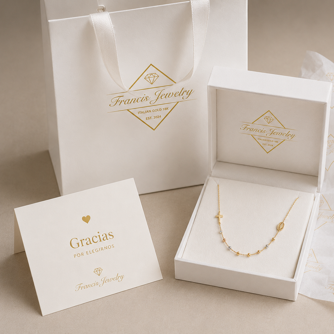 Collar Rosario en Oro 18K con Medalla Milagrosa y Cruz