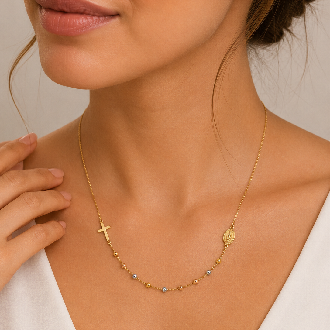 Collar Rosario en Oro 18K con Medalla Milagrosa y Cruz