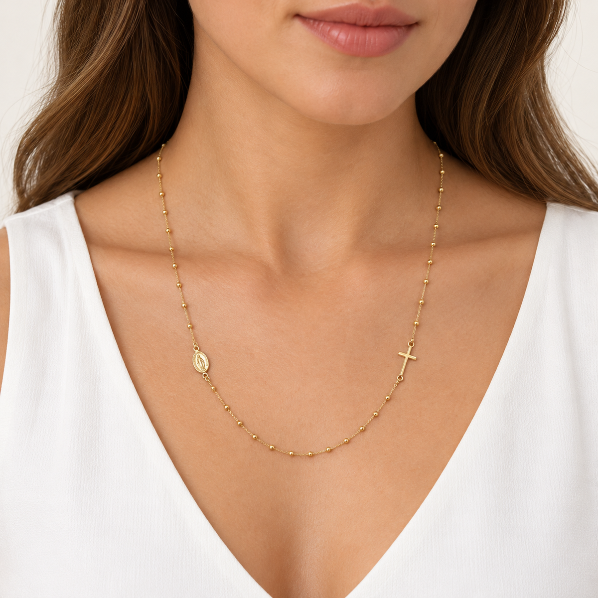 14K Gold Cross and Medal Necklace