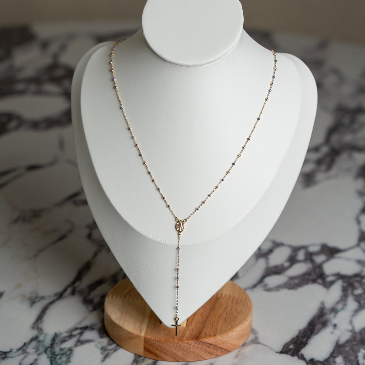 18K Gold Rosary Y-Necklace with Miraculous Medal & Cross