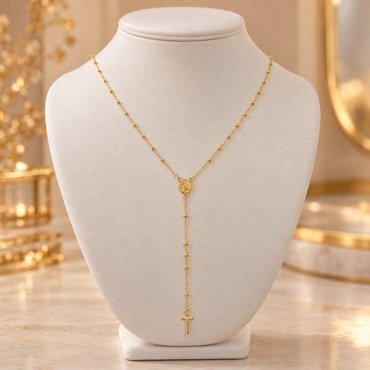 14K Gold Beaded Rosary Necklace