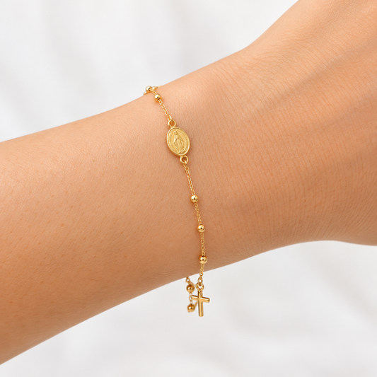 14K Gold Cross and Medal Bracelet