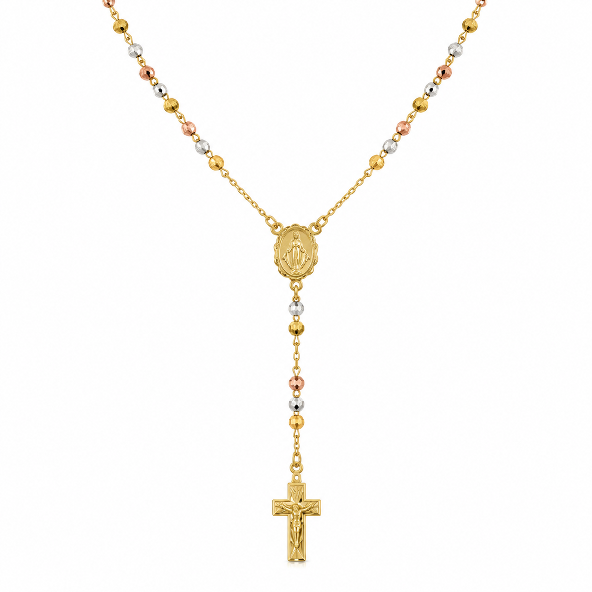14K Tricolor Gold Rosary Necklace