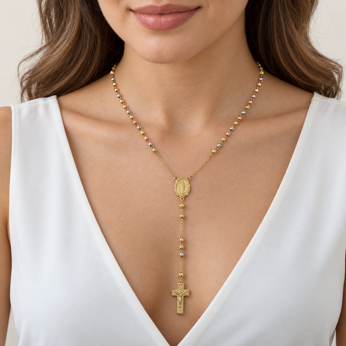 14K Tricolor Gold Rosary Necklace
