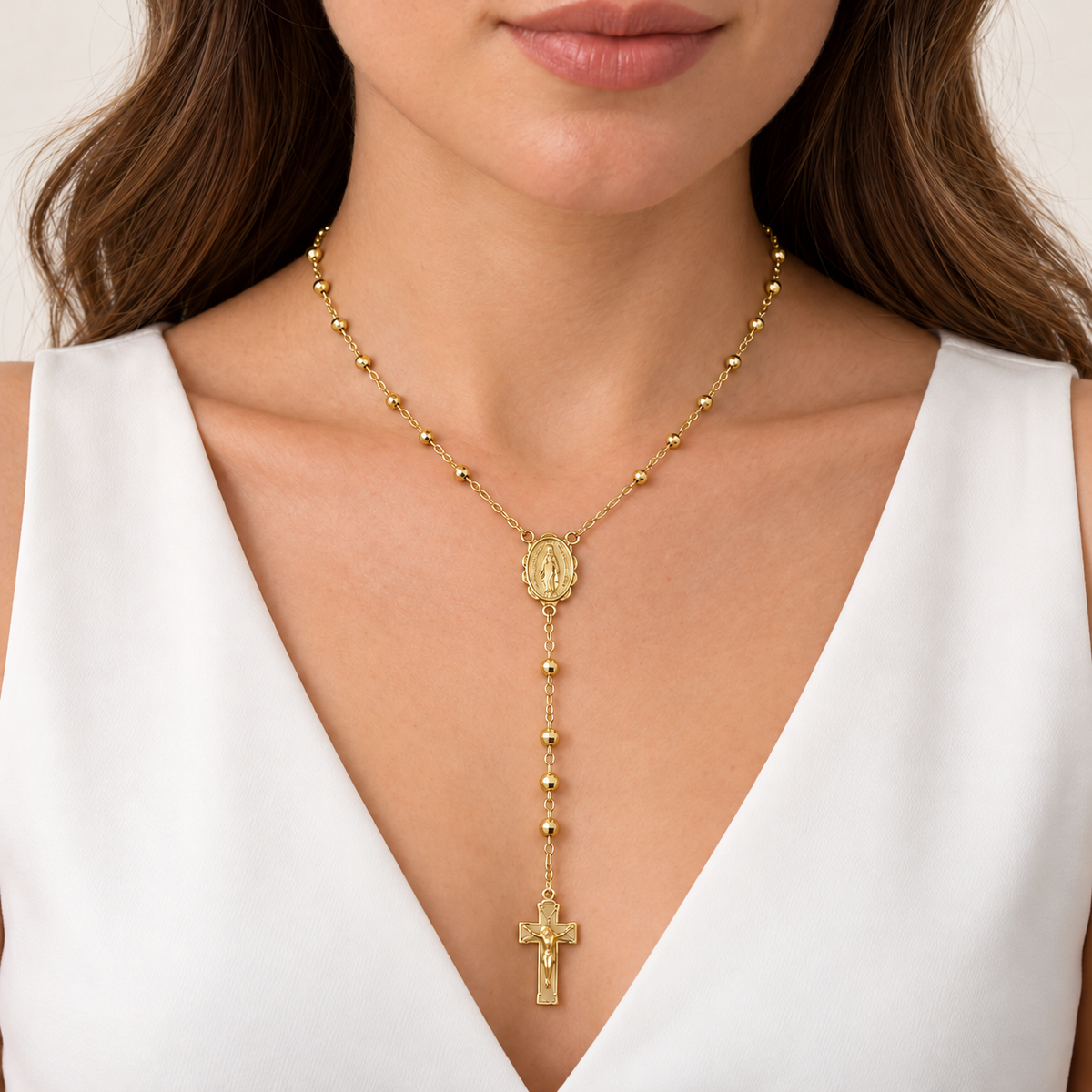 14K Gold Faceted Bead Rosary Necklace