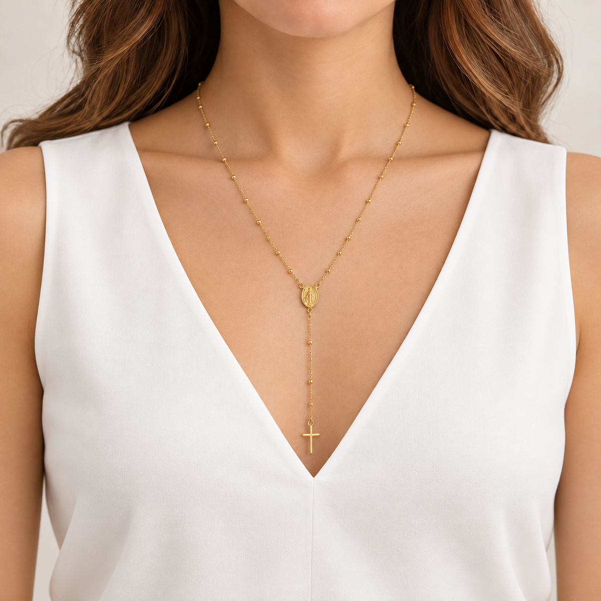 14K Gold Beaded Rosary Necklace