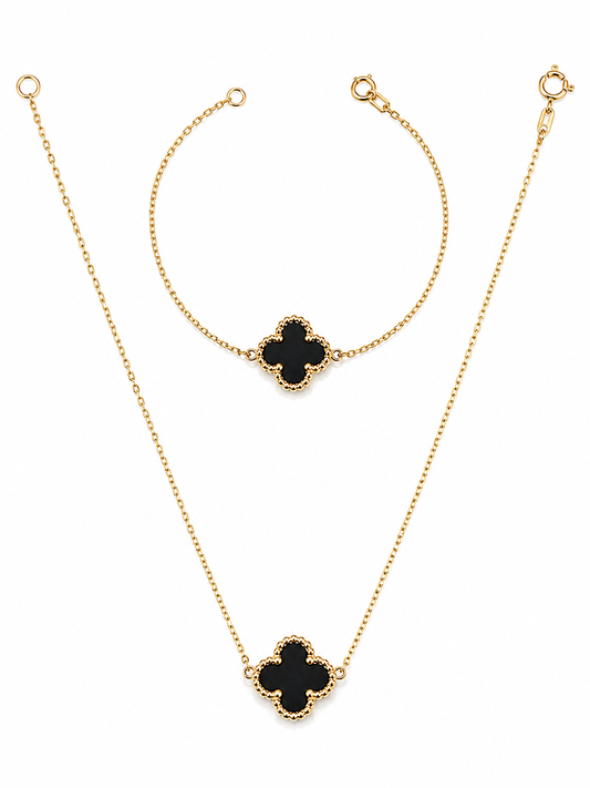 18K Italian Gold Black Clover Necklace & Bracelet Set