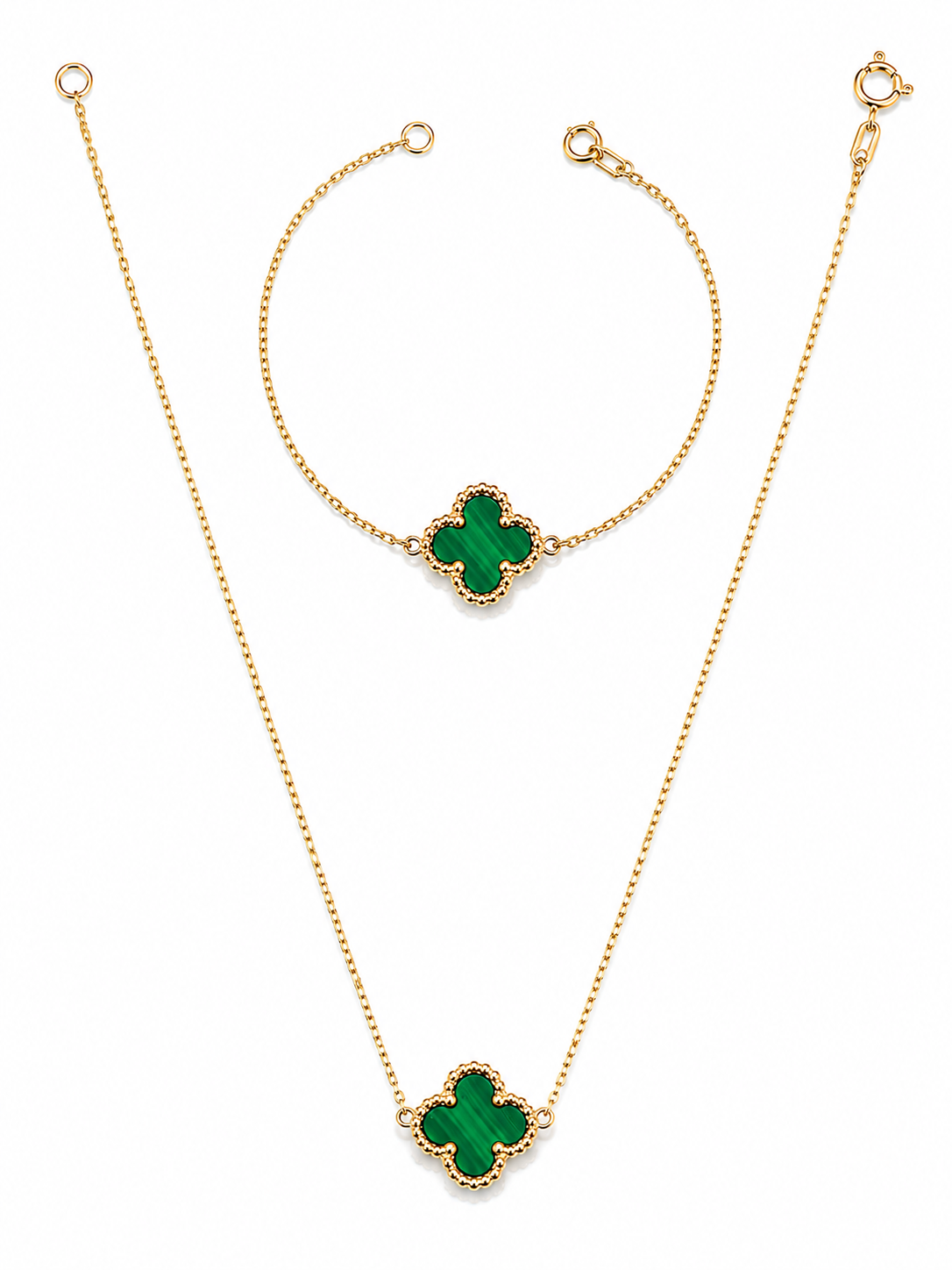 18K Italian Gold Green Clover Necklace & Bracelet Set