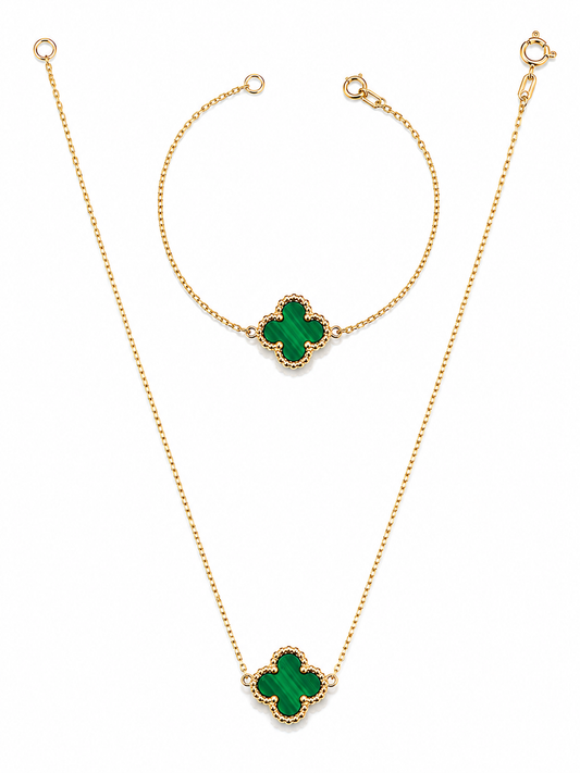 18K Italian Gold Green Clover Necklace & Bracelet Set